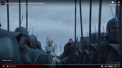 Jon Snow and Daenerys Targaryen in the trailer for the final season of 'Game of Thrones'. Screen grab / HBO