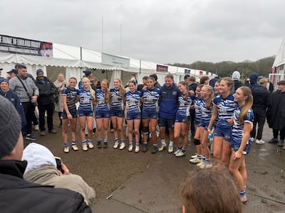 JESS Arabian Ranches players celebrate after winning the Under 16 cup title at the Rosslyn Park National Schools Sevens in the UK. Photo: JESS