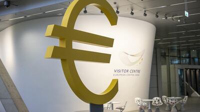 A euro currency symbol sits on display in the visitor centre at the European Central Bank building in Frankfurt, Germany. New ECB President Christine Lagarde recently sounded a stronger tone than her predecessor on galvanising fiscal stimulus to facilitate growth.. Photo: Bloomberg
