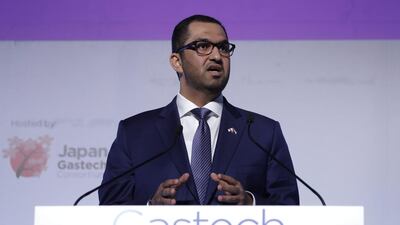 Sultan Al Jaber, Adnoc’s chief executive, gives the opening keynote speech at Gastech, the industry gathering in Tokyo. Kiyoshi Ota / Bloomberg