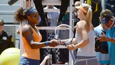 Serena Williams and Maria Sharapova are the No 1 and 2 ranked players in the world, respectively. Javier Soriano / AFP