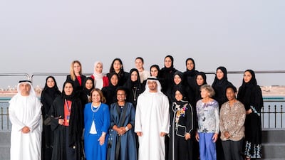 Sheikh Mohammed bin Zayed, Crown Prince of Abu Dhabi and Deputy Supreme Commander of the Armed Forces, stands for a photograph with participants of the Fourth International Women's Sports Conference 2017, during a Sea Palace barza. Rashed Al Mansoori / Crown Prince Court - Abu Dhabi