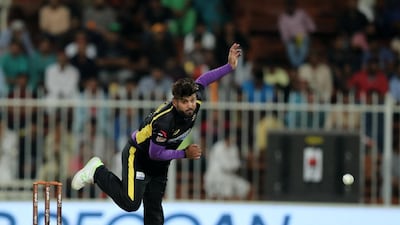 Kerala Knights fast bowler Mohammed Naveed in action against Sindhis in the T10 League on Thursday at Sharjah Cricket Stadium. All photos by Chris Whiteoak / The National