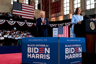 US President Joe Biden, left, and Vice President Kamala Harris attend a campaign event at Girard College in Philadelphia, Pennsylvania. Bloomberg