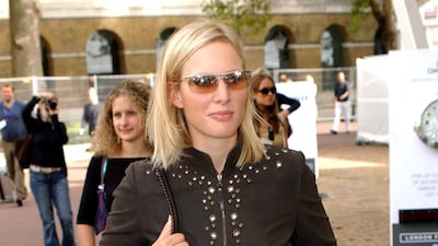Zara Phillips, wearing a studded brown jacket and jeans, leaves the Betty Jackson during London Fashion Week on September 22, 2003. Getty Images