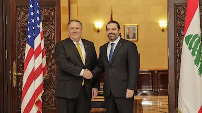 US Secretary of State Mike Pompeo, left, shakes hands with Lebanon's Prime Minister Saad Hariri in Beirut. AFP