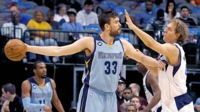 International players Marc Gasol, left, of Memphis Grizzlies, and Dirk Nowitzki, of Dallas Mavericks square off during an NBA game at Dallas last season. Richard W. Rodriguez/ MCT