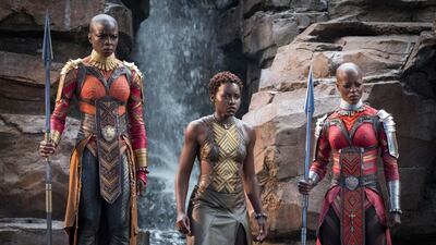 Danai Gurira, Lupita Nyong'o and Florence Kasumba in a scene from Black Panther. Matt Kennedy / Disney / Marvel Studios via AP