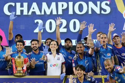 Mumbai Indians players with the trophy during the final of season 13 of the Indian Premier League (IPL) between the Mumbai Indians and the Delhi Capitals held exclusively in UAE. Sportzpics for BCCI