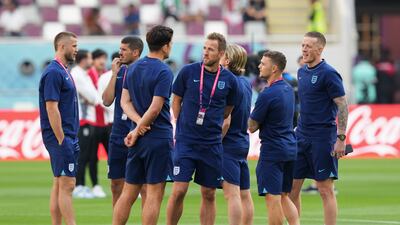 From left, England's Eric Dier, Conor Coady, Harry Maguire, Harry Kane, Conor Gallagher, Kieran Trippier and Jordan Pickford before the World Cup Group B match at Khalifa International Stadium. PA