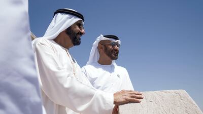 Sheikh Mohammed bin Rashid, Vice President and Ruler of Dubai, and Sheikh Mohammed bin Zayed, Crown Prince of Abu Dhabi and Deputy Commander of the UAE Armed Forces, pictured in Dubai. Mohamed Al Hammadi / Crown Prince Court - Abu Dhabi