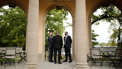 UAE Foreign Minister Sheikh Abdullah bin Zayed, right, his Israeli counterpart Gabi Ashkenazi, centre, and German Foreign Minister Heiko Maas before their historic meeting at Villa Borsig in Berlin, Germany. AFP