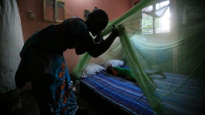 A woman puts up a mosquito net over her child in Abidjan, Ivory Coast. World Malaria Day is observed on April 25 each year to recognise the global efforts to control the disease. Legnan Koula / EPA