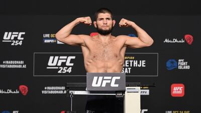 Khabib Nurmagomedov on the scales at the weigh-in ahead of his UFC 254 clash with Justin Gaethje in Abu Dhabi. Josh Hedges / Zuffa LLC / UFC