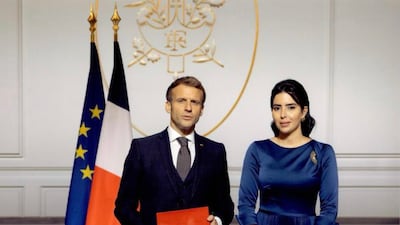Hend Al Otaiba presents her credentials to French President Emmanuel Macron at the Elysee Palace in Paris. Photo: @UAEEmbassyParis