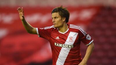 Jelle Vossen of Middlesbrough celebrates after scoring in their 2-1 Championship win over Wolverhampton on Tuesday. Michael Regan / Getty Images / April 14, 2015