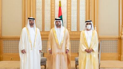 Sheikh Mohammed bin Rashid, Vice President, Prime Minister and Ruler of Dubai, and Sheikh Mohamed bin Zayed, Crown Prince of Abu Dhabi and Deputy Supreme Commander of the Armed Forces, with Sheikh Maktoum bin Mohammed, Deputy Prime Minister and Minister of Finance.