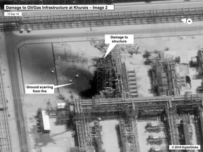 Images of the damage to infrastructure at at Saudi Aramco's Kuirais oil field in Buqyaq, Saudi Arabia, US government/Digital Globe via AP