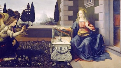 'Annunciation' (1472-75). The painting has been determined to be a collaboration between a young Da Vinci and his master, Andrea del Verrocchio. It is housed in the Uffizi Gallery in Florence, Italy