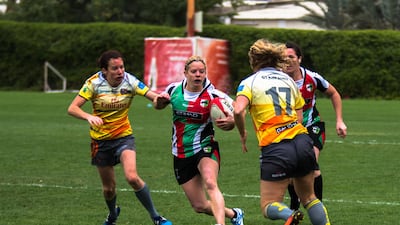 Clubs, such as Abu Dhabi Harlequins, in red and green, and Dubai Hurricanes are eager to capitalise on success of the women's World Cup. Geraint Jones for The National