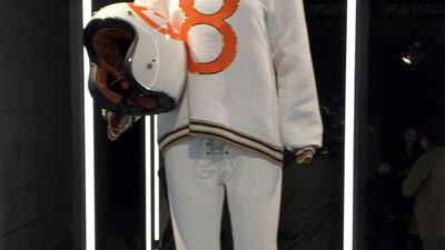 Cynthia Rowley gave a human character to the droid BB-8, putting the character in a white trousers, a sweatshirt with a big ‘8’ on it, and a round football-style helmet. Jocelyn Noveck / AP Photo