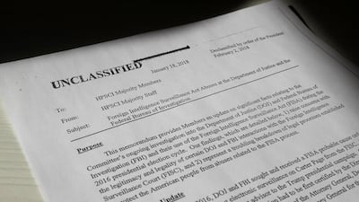 A copy of the formerly top secret classified memo written by House Intelligence Committee Republican staff and declassified for release by US President Donald Trump is seen shortly after it was released by the committee in Washington, February 2, 2018. REUTERS/Jim Bourg