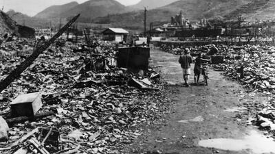 The ruins of Nagasaki after the atomic bomb called ‘Fat Man’ was dropped on the southern Japanese city on August 9, 1945, killing about 74,000 people. Hulton Archive / Getty Images