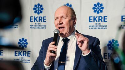 Chairman of the Estonian Conservative People's Party (EKRE) Mart Helme speaks at the headquarters after parliamentary elections in Tallinn, Estonia. AP