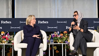 UAE Minister of State Noura Al Kaabi with former US secretary of state Hillary Clinton at the summit. Photo: Wam