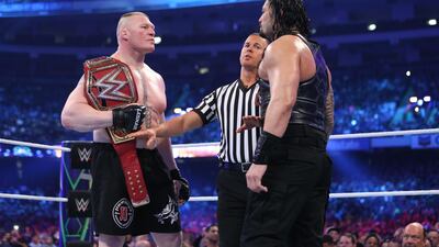 WWE Universal champion Brock Lesnar defends his title in a WrestleMania 34 rematch against Roman Reigns at the Greatest Royal Rumble in Saudi Arabia on Friday. Image courtesy of WWE