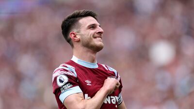 Declan Rice of West Ham celebrates after scoring their first goal. Getty