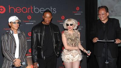 Interscope Geffen chairman Jimmy Iovine, Lady Gaga, producer Dr Dre and Monster Cable founder Noel Lee. Dimitrios Kambouris / WireImage