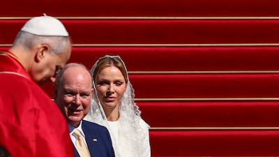 Prince Albert II of Monaco, Princess Charlene and Pope Leo XIV arrive at the Cathedral of Our Lady of the Immaculate Conception of Monaco. Reuters