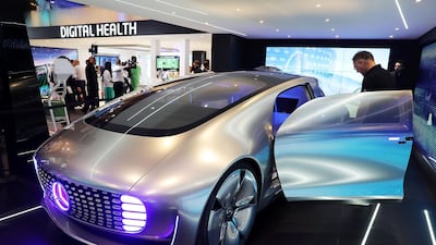 DUBAI , UNITED ARAB EMIRATES , OCT 10 – 2017 :- Mercedes- Benz F 015 car on display at the Etisalat stand during the GITEX Technology Week held at Dubai World Trade Centre in Dubai. (Pawan Singh / The National ) Story by Christian Nelson