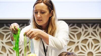 Nichola Fisher of Rock It Science childrens party services is seen during a presentation. Image courtesy: Goldfish Photography & Video