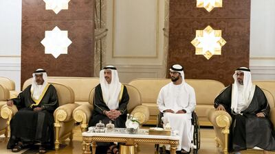 Major General Sheikh Khaled bin Mohamed bin Zayed Al Nahyan, Deputy National Security Adviser, Sheikh Zayed bin Hamdan bin Zayed Al Nahyan, Sheikh Abdullah bin Zayed Al Nahyan, Minister of Foreign Affairs and International Co-operation and Sheikh Hamed bin Zayed Al Nahyan, Chairman of the Crown Prince Court of Abu Dhabi and Abu Dhabi Executive Council member, receive Abdel Fattah El Sisi, President of Egypt (not shown), at the Presidential Airport. Mohamed Al Hammadi / Ministry of Presidential Affairs