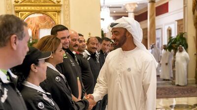 Sheikh Mohammed bin Zayed, Crown Prince of Abu Dhabi and Deputy Supreme Commander of the UAE Armed Forces (R), receives members of the Special Olympics World Games 2018, during a Sea Palace barza. Rashed Al Mansoori / Crown Prince Court - Abu Dhabi