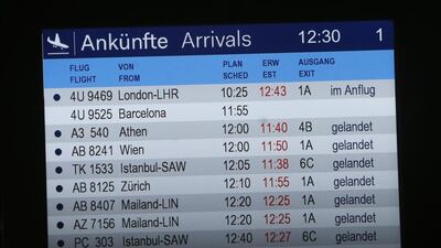 The arrivals board shows flight 4U 9525 without a status at the airport in Duesseldorf, Germany on March 24, 2015. Frank Augstein/ AP Photo