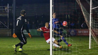 Danny Webber of Salford City scores their first goal on Friday night against Notts County in the FA Cup. Chris Brunskill / Getty Images
