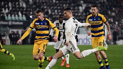 Cristiano Ronaldo shoots on goal in the 3-3 draw with Parma on February 2, 2019. AFP
