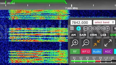 The Farsi ciphered broadcast, known as numbers station V32, appears on an online monitor. Photo: Shortwave Observer