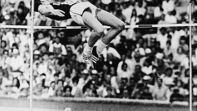 American high jumper Dick Fosbury clears the bar and sets an Olympic record of 7 - 4 1/4, Mexico City, Mexico, late October 1968. His technique, known as the Fossbury Flop, became the standard for high jumpers. (Photo by Hulton Archive/Getty Images)