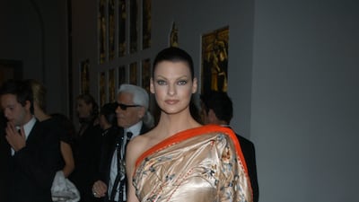 Linda Evangelista in a Jean Paul Gaultier dress at the 2004 Met Gala. Getty Images