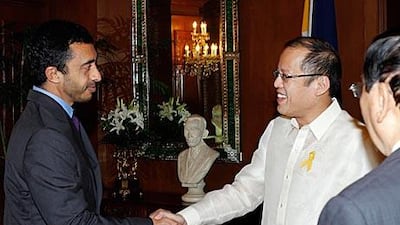 Sheikh Abdullah bin Zayed, Minister for Foreign Affairs, meets the president of the Philippines Benigno Aquino III.