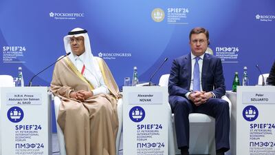 Russia's Deputy Prime Minister Alexander Novak, right, and Saudi Arabia's Energy Minister Prince Abdulaziz bin Salman, at the St Petersburg International Economic Forum. Reuters