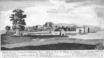 An ancient view, circa 1700, of St James's Palace, Westminster Abbey and Westminster Hall from the village of Charing, now Charing Cross