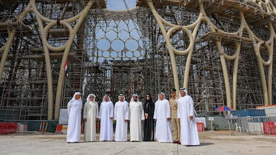 Sheikh Ahmed Al Maktoum, chairman of the Expo Dubai 2020 higher committee, and other dignitaries with the Al Wasl Plaza completed dome in the background. Courtesy Expo 2020