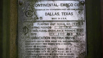 A label is seen on a rusted oil pump, part of the French Oil Museum collection, near the museum in Merkwiller-Pechelbronn. Vincent Kessler / Reuters