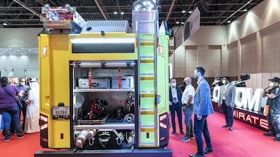 It has a tank volume of 4,000 litres of water and 400 litres of foam compound. Pressure outlets on the front and sides make for an all-round fire fighting platform. Antonie Robertson / The National