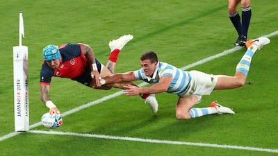 Jack Nowell scores England's fifth try during the Rugby World Cup match against Argentina. Getty